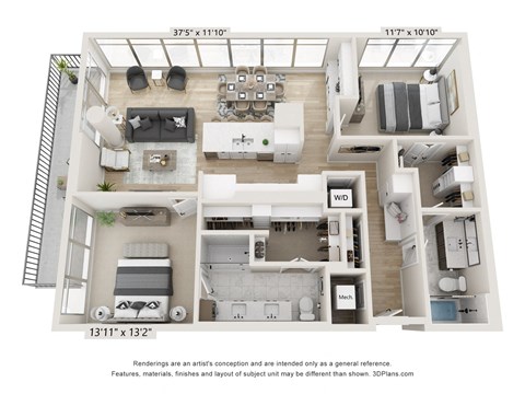 Floor plan for 2 beds, 2 baths, 1377 sqft